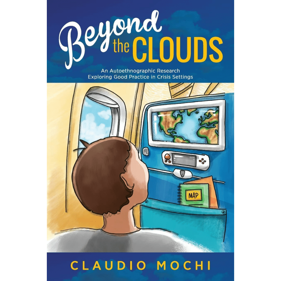 la copertina del libro Beyond the Clouds scritto da Claudio Mochi con un ragazzo seduto in aereoplano